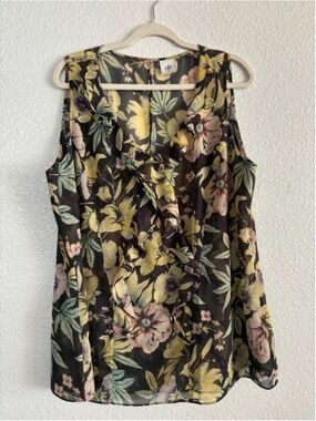 CAbi Black Floral Ruffle Sleeveless Camisole
